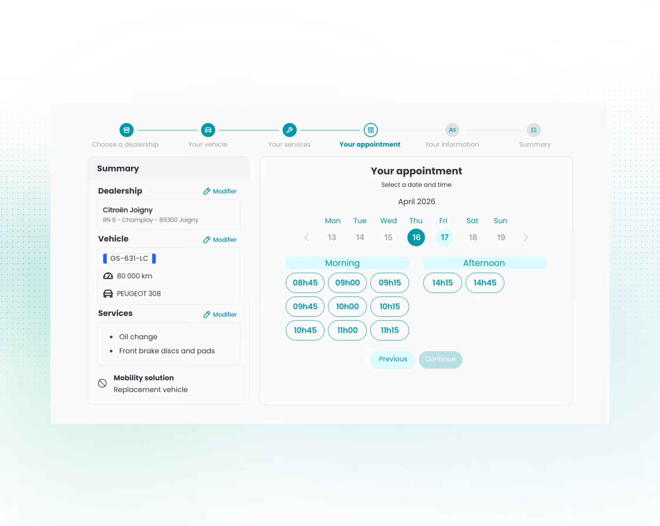 Online appointment booking flow — selecting a date and time slot